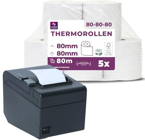 LYNNE - Rollos Papel Termico 80x80 para Impresora de Tickets - Para caja registradora con impresora de recibos - Papel impresora Termica 80x80x12 - Rollo Papel térmico 80mm x 80mm x 80m - [5x]