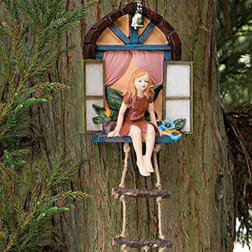 Fairy Haus mit Leiter Hanging Tree Skulptur - Außen Baum Statue - wunderliche Handgemalte Polyresin Garten-Dekoration, Gartenzwerg Statue, Harz Gartenfiguren, hängende Dekoration