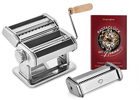 Manuell pastamaskin nonna, rostfritt stål, pastamaker inklusive recepthäft, pastatorktumlare, lingsinfäste och 3 skärtillbehör för spaghetti, lasagne, daggliatelle – silver