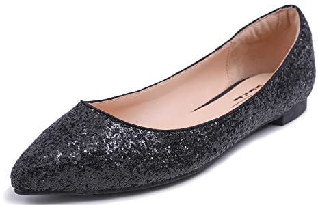 Feversole Damen Klassische Ballerinas Profilsohle Glänzende Paillette Flach Punkt Punkt glänzend Schwarz 37.5