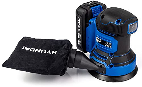 Hyundai 20v Max Cordless Rotary Sander - 2Ah Lithium-ion Battery - Brushed, 12x 125mm Sanding Pads, Dust Collector Bag - Soft Grip Handle - 6 Adjustable Speeds - 3 Year Warranty