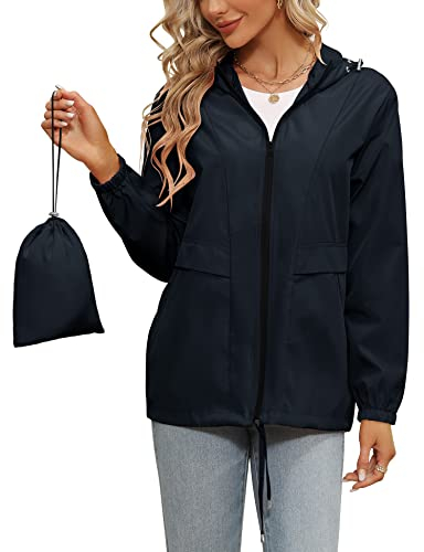 Tisfeer Vêtement de pluie étanche, léger et coupe-vent à capuche pour femme, bleu marine, L