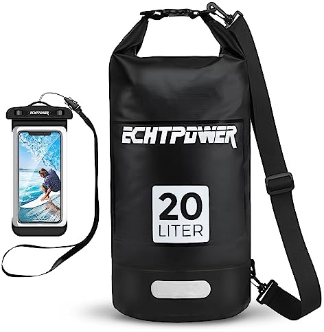 ECHTPower Mochila Impermeable 10L/20L, Bolsa Estanca Impermeable con Funda de Móvil, 100% Impermeable con Doble Correa, Bolsa Seca para Paddle Surf, Playa, Kayak, Senderismo, Camping, Esquí, Pesca