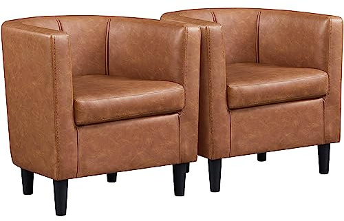 Yaheetech Accent Chair, PU Leather, Modern and Comfortable Armchairs, Upholstered Barrel Sofa Chair for Living Room Bedroom Waiting Room, 2PCS, Brown