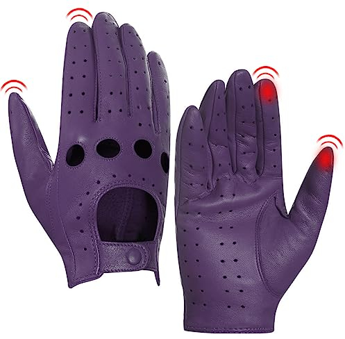 Harssidanzar Damen Leder Fahrhandschuhe, Lammfellhandschuhe, Sommer Leder Touchscreen Fahrhandschuhe, ungefüttert, Lammfellhandschuhe, Damen Lederhandschuhe GL009EUA,Violett,Größe M