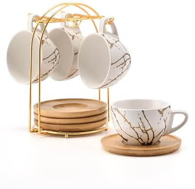HOME DECOR Lot de 4 tasses à cappuccino empilables en céramique avec soucoupe et support en métal pour les amateurs de café, cappuccino, latte, americano et thé, 220 ml, blanc doré, 1399-4W