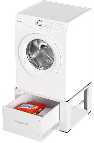 Izrielar Lot de 2 supports de machine à laver avec tiroir 62,5 x 54,5 x 32,5 cm, meuble bas pour machine à laver jusqu'à 150 kg, étagère pour machine à laver, socle blanc