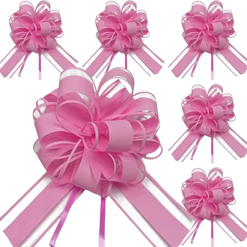 6pcs 7inch Large Pull Bows Wrapping Pull Bow Ribbon Pink,Pink Ribbon Pull Bows Gift Wrap Bows for Gift Wrapping Baskets Wedding,Valentine's,Birthday Gift,Christmas,Flower,Car Wrapping Bow Pull Bows