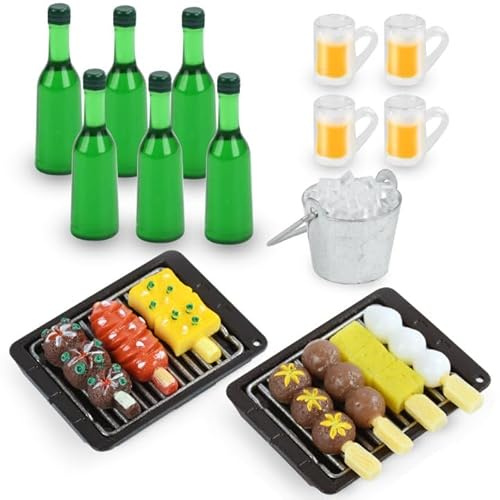 Decorazione per casa delle bambole in miniatura, Giocattoli Miniatura Alimenti, Bottiglia di birra in miniatura, Boccale di birra in miniatura, Microgriglie e spiedini, per ragazze e ragazzi (C)