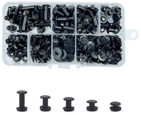 KUKUJIWA 100 Set Vite di Rilegatura Rivetti, Rivetti a Vite,M5*4/6/8/10/15 mm Vite Piatta in Nichel,Viti Testa Tonda Croce Chicago per Rilegatura kit di cintura pelle, chiodi, portafoglio(Nero opaco)