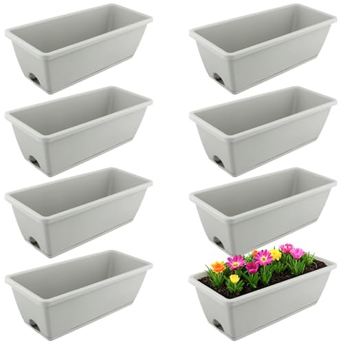 MUKSEUT 8 cajas de ventana grises de 17 pulgadas con agujeros de drenaje y bandejas, macetas rectangulares de resina para alféizar de ventana, patio, jardín, decoración del hogar, patio de porche