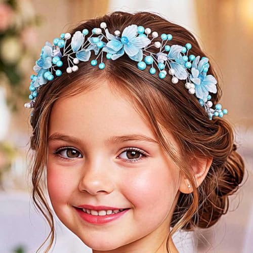 IYOU Bandeau de Fille Fleurie Bleu Couronne Serre-tête Perle Florale Accessoires Cheveux Mariage Anniversaire pour Filles