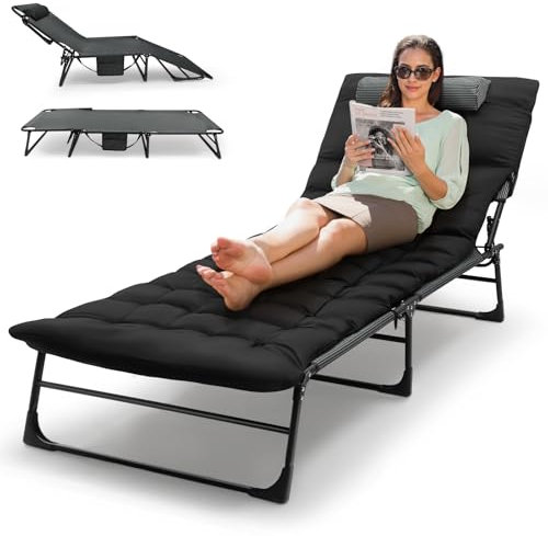 Übergroße Sonnenliege Klappbar 5-Fach Verstellbar Gartenliege Liegestuhl Dreibeinliege Liege Campingliege mit Kopfkissen und Seitentasche bis 150 kg für Garten Urlaub Strand Pool 203 x 75 cm (Schwarz)