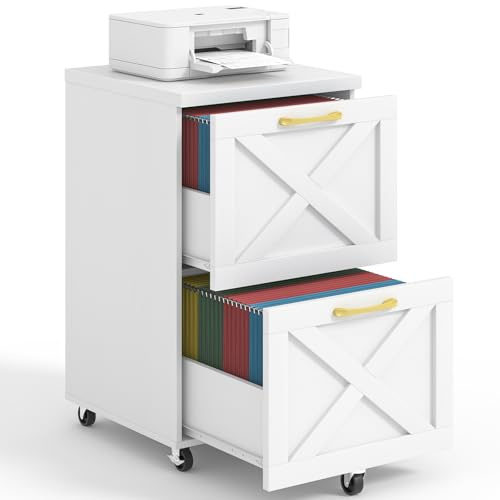 Halitaa 2 Drawer Small File Cabinet with Wheels, Farmhouse Vertical Filing Cabinet Fits A4/Letter Size, Under Desk Rolling File Cabinets for Home Office, Wooden Printer Stand, White
