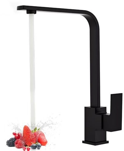 Fesatccoz Rubinetto da cucina quadrato, in acciaio inox, monoblocco per lavello da cucina, montaggio a ponte con rotazione di 360 gradi, rubinetti per acqua nero opaco monocomando rubinetto