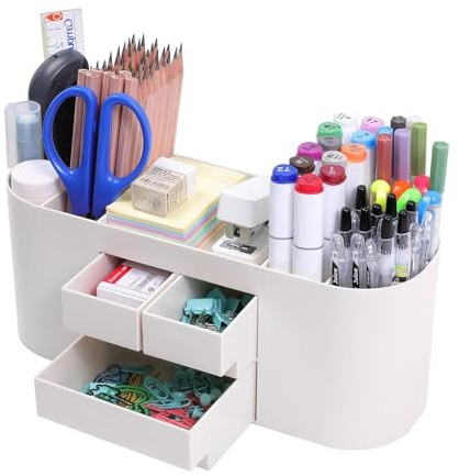 FRETONBA Organizer Scrivania con 3 Cassetti, Portapenne da Scrivania con 5 Scomparti, Porta Penne Multifunzionale, Desk Organizzatore per Ufficio, Scuola, Casa, Bianco