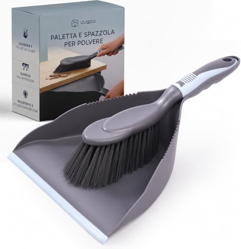 CUQOO Set di paletta e spazzola in plastica, spazzola compatta e paletta per la pulizia della casa, con impugnatura facile, setole rigide e bordo ondulato