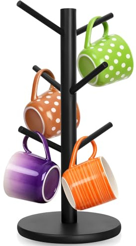 Porte-Tasses Bambou avec 6 Crochets, Support Rangement Tasse Café, Arbre Tasse avec Base Épaisse, Porte Gobelet, Organisateur Suspendu Mug Multifonction pour Comptoir, Cafés, Cuisine, Bar Café (Noir)