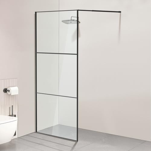 Jaxguom Walk-In Duschvägg på 100×200 cm, svart, 5 mm ESG-säkerhetsglas med aluminiumfullram, 0–10 mm justeringsområde, vänster/högermonterad duschavskiljare