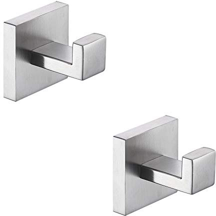 TASTOS Bath Towel Hooks Brushed Nickel, 2 Pack Stainless Steel Robe Coat and Clothes Hook, Heavy Duty Wall Hook for Bathroom & Kitchen, Modern Square Style Wall Mounted (Silver)