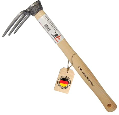 SHW-FIRE Hacke: azada de jardín de 3 dientes con mango de madera de fresno, 40 cm, forjada de alta calidad