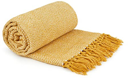 Emma Barclay Manta para sofá o Cama, diseño de Espiga, de algodón Reciclado, Color Amarillo Ocre, 90 x 100 cm (228 x 254 cm)