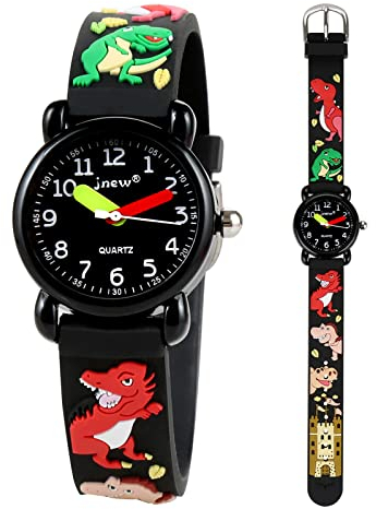 Mädchen und Jungen Analog Quarz Uhr mit Cartoon Design 30M Wasserdichte Silikon/Nylon Armband Japanischen Quarzwerk Lern Armbanduhr für Kinder 3-10 Jahre (Silikon - Dino Schwarz)