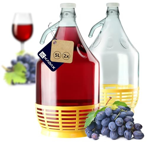 KADAX Vinballong 5 L, glasballong för vin, 2 stycken, vinfat av glas, jäsballong, fat för vin av glas, strykflaska med korg, jäsbehållare för vin, glas-trädgårdsballongset