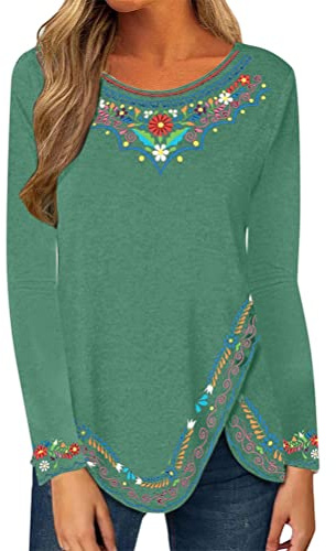 Onsoyours Donna Primavera Autunno Maglie a Maniche Lunghe con Girocollo Elegante Top Sottile Casuale Stampata Etnica retrò Magliette Pullover Bluse A Verde M