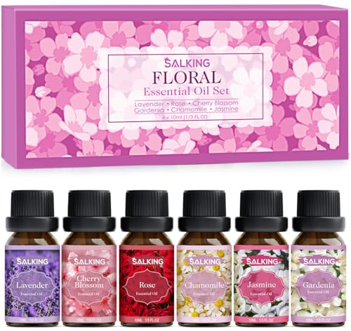 SALKING Floral Essential Oils Set, Premium Pure and Natural Essential Oils, Fragrance Oil Scented Oils for Oil Diffusers 6 x 10 ML - Lavender, Rose, Jasmine, Cherry Blossom, Gardenia, Chamomile