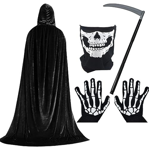faburo Costume Faucheuse Adulte, Déguisement Halloween avec Cape Noire à Capuchon, Faux et Gants Squelette – Costume Halloween pour Soirées, Fêtes et Maisons Hantées (L)