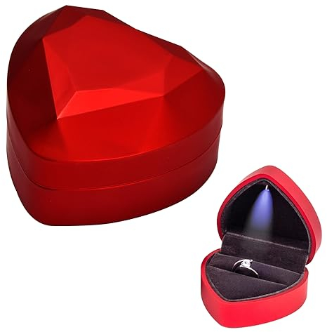 Jinlaili Boîte à Bague en Velours, Boîte de Bague avec Lumière LED, Ecrin Bague Forme de Coeur, Boîte à Bijoux Rangement, Coffret Cadeau à Bague pour Mariage Fianailles Cérémonie, 70x65x45MM (Rouge)