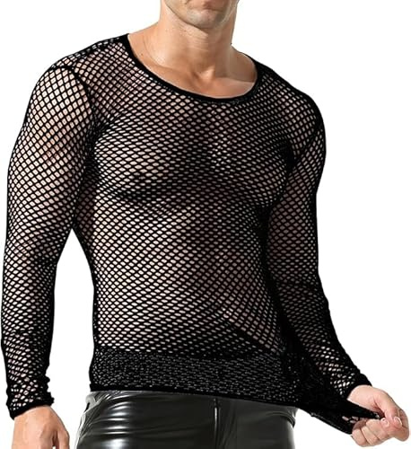 QiaTi Men's See Through T-Shirts Mesh Tops Fishnet Shirt Round Neck Undershirts Long Sleeve Black