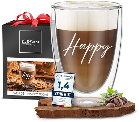 ElbFuchs® Bicchiere da latte macchiato a doppia parete | Happy |1 x 350 ml [idea regalo perfetta] ideale come bicchiere termico per cappuccino | bicchieri da caffè | bicchieri da tè