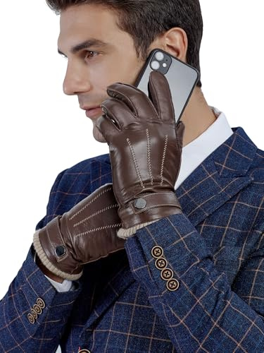 GSG SINCE 1998 Guanti Uomo in Vera Pelle Senza Cromo Touchscreen Foderati in Lana Calda Guanti Invernali Marrone S