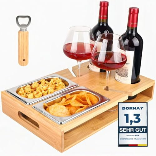 DORNA7® Couchbar Snackbox -Snackspender mit 2X Snackschale und Flaschenöffner - Holz Sofatablett für Sofa, Deko, Couch Bar mit Getränkehalter - Snackbox mit Fächern – Wohnmobilausstattung