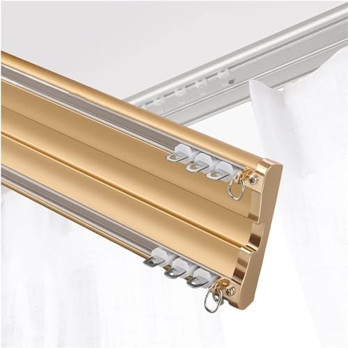Dubbel Gardinskena, Aluminium Gardinskenor Nano Silence Track för Takmontering Siamesisk Dubbelspår för Kontor Vardagsrum Hem Badrumsavdelare Drop Ceiling(Size:1.5M,Color:Guld)