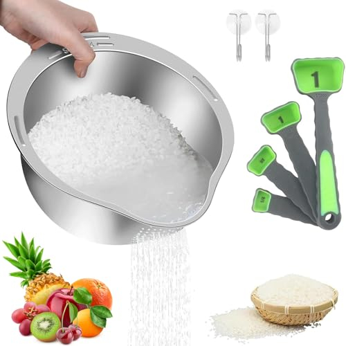 Waschschüssel aus Edelstahl, Reissieb Geneigtes Bodendesign, Lebensmittelechtes Sieb Reis mit Ausgießer, Nudelsieb Edelstahl Sieb Küche zum Waschen & Abtropfen von Quinoa, Obst, Gemüse, Getreide