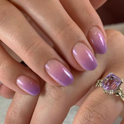 Ceboic 24 Stück Künstliche Nägel zum Aufkleben Kurz Oval, Glänzend Rosa Lila Gradient Französische Falsche Nägel Natürlich Full Cover Kunstnägel Press on Nails für Frauen und Mädchen