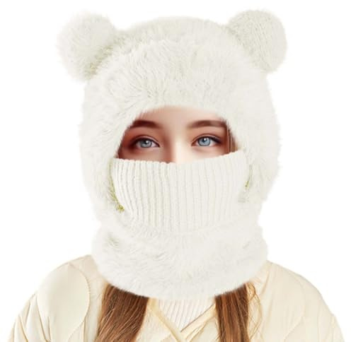 Passamontagna da sci per bambini per ragazze e ragazzi, maschera antivento invernale per il freddo, sciarpa con cappuccio in pile scaldacollo, bianco, One Size-Medium