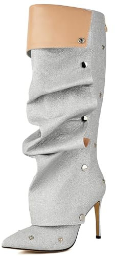 Lizoleor Appuntito Donna Stivali Alti Tacco A Spillo Back Con Cerniera Bottones Con Risvolto Moda Serata Festa Stivali Lungo Argento/Rl Numero 32 Eu