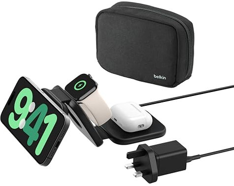 Belkin BoostCharge Pro Foldable Qi2-Certified Wireless Charger 3-in-1 Magnetic Charging Travel Pad 15W - MagSafe-Compatible Portable Charger for iPhone 17, Air, 16, Pixelsnap, Apple Watch 11, AirPods