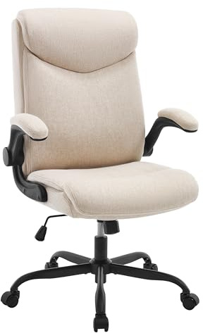 eSituro Chaise de Bureau Ergonomique, Fauteuil de Direction avec Fonction de Basculement et Accoudoirs Rabattables, en Lin Coton, Beige