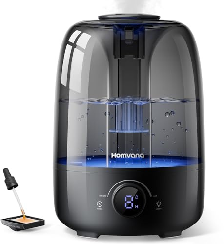 Homvana Umidificatore Ambiente, 4L Top-Fill Cool Mist Umidificatore Bambini, Humidifier 40H Runtime 25dB Quiet, Diffusore Oli Essenziali, Easy to Clean Ultrasuoni, Plants, Baby (Nero)