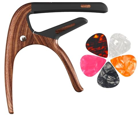 Capo for Acoustic Guitar, Electric Guitar, Ukulele and String Instruments, Guitar Capo with 5 Picks, Guitar Kapo, Guitar Clamp (Rosewood)