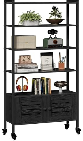 IRONCK Bücherregal mit Türen, Standregal 6 Ebenen mit Rollen, Regal Holz Metall, Industriell Bücherschrank mit verstellbaren Ablagen, Bookshelf für Wohnzimmer, Büro, Küche, Arbeitszimmer (Schwarz)
