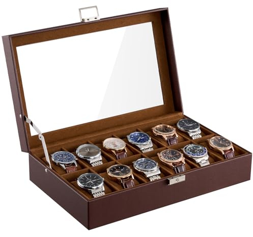 ProCase 12 Slot Watch Case Box for Men, PU leather Man Watch Organizer with Soft Pillow, Lockable Watch Collection Storage Holder with Glass Display Lid -Espresso