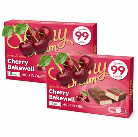 Cherry Bakewell Flavour Snack Bars Bundle – Pack of 2 Boxes (10 Bars Total) – High Fibre Skinny Snack Bars with Less Than 99 kcal per Bar – Sweet Snack Multipack – Includes Thank You Card