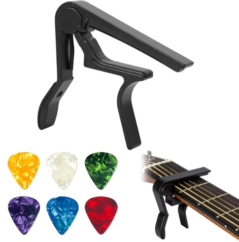 QEXUJOW Cejillas,Incluye un capo de guitarra profesional de aleación, compatible con guitarra eléctrica, guitarra acústica, bajo y ukelele, y viene con 6 púas de guitarra.