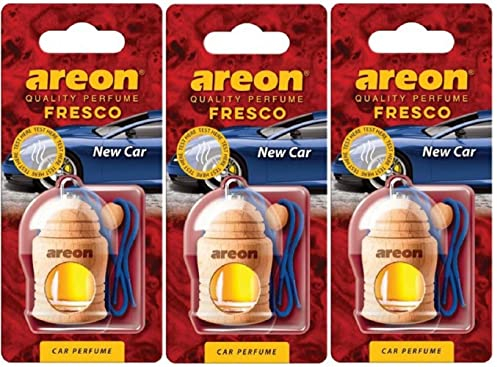 AREON Fresco Auto Duft New Car Neues Auto Neuwagen Blau Glas Duftflakon Holz Flakon Set Hängend Anhänger Spiegel 4ml (Pack x 3)